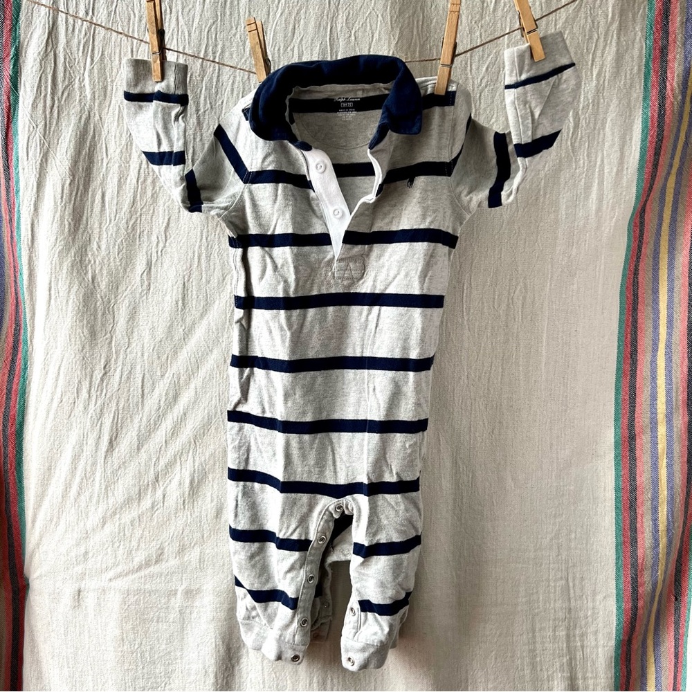 Polo Ralph Lauren Navy Striped Cotton Rugby Coverall 9m